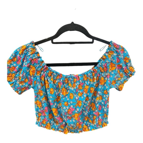 TopShop Floral Print Off-the-Shoulder Crop Top Cotton Blend Size 6 NWT - Picture 1 of 8